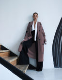 Full-length view of women’s chocolate brown long knit cardigan with relaxed silhouette