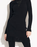 Women’s black fitted mini dress with mesh-trim V-neck and long sleeves