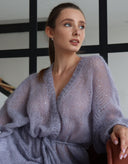 Front view of women’s lavender hand-knit mohair cardigan with matching waist belt