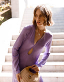 Close-up of Evelyn lavender knit dress featuring a feminine V-neckline