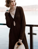 Close-up of V-neckline on the Evelyn chocolate brown viscose knit dress