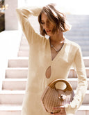 Close-up of soft vanilla viscose knit fabric on the Evelyn midi dress