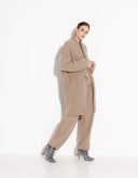 Woman wearing Aria beige oversized wool-blend knit cardigan by Aina Gasse