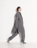 Side view of Aria gray asymmetrical wool-blend cardigan with longer back hem
