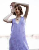 Woman wearing Catrine lavender sleeveless viscose knit maxi dress by Aina Gasse