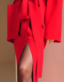 Red outfit with a jacket and skirt on a brown background