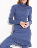 Pamela blue viscose knit mini dress by Aina Gasse with ruffle detail