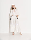 Roxana white viscose maxi dress by Aina Gasse with blue side ties