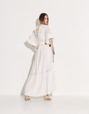 Women’s white beach maxi dress with draped hem and blue bows at the sides