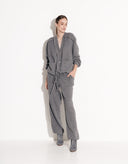 Women’s gray knit two-piece set with button-up cardigan and relaxed pants