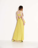 Back view of Lilia yellow summer maxi dress with handmade openwork lace and open back